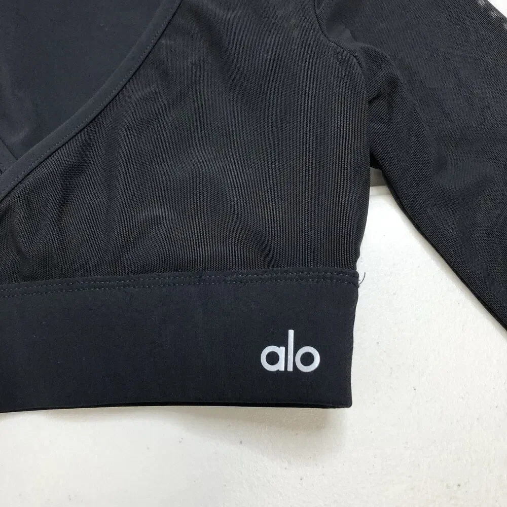Alo Yoga Pivot Layered Long Sleeve Top Cropped Mesh Size Small Black